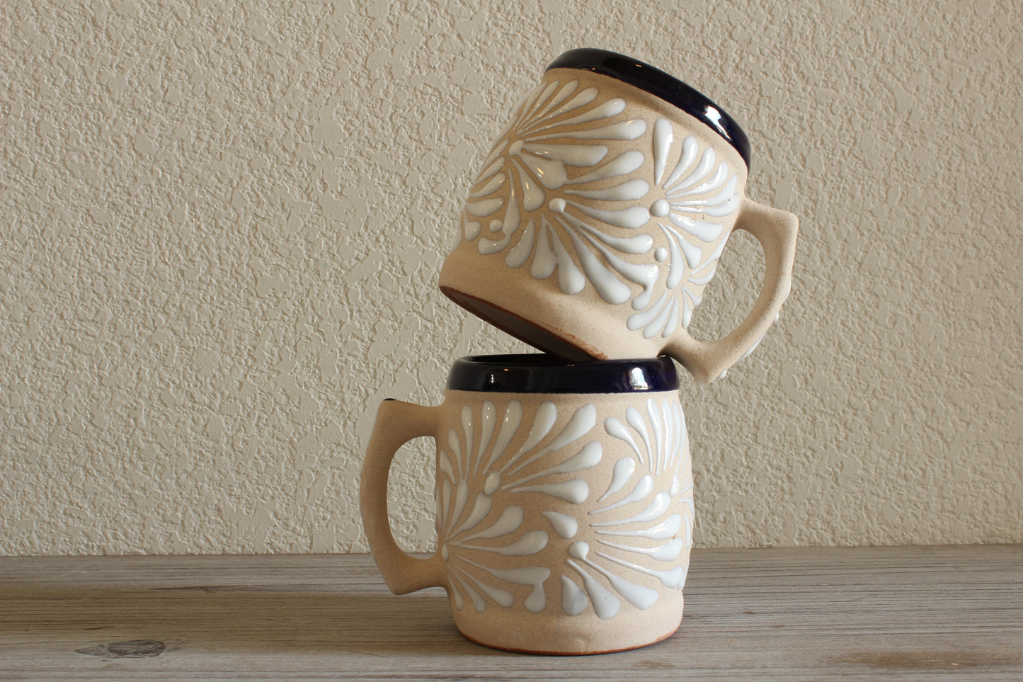 El Rey Mug  Carved Stoneware, Navy Rim