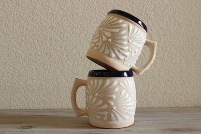 El Rey Mug  Carved Stoneware, Navy Rim